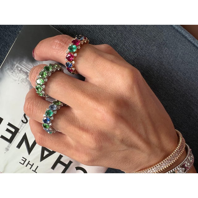 Diamond Emerald Sapphire Tsavorite Flexible Unique Eternity Band White Gold Ring, Size 5 For Sale - Image 18 of 18