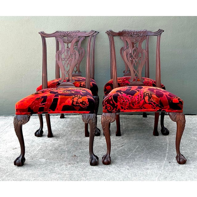 Vintage Hand Carved Chippendale Dining Chairs in 80s Yves St Laurent Printed Velvet - Set of 4 For Sale - Image 12 of 12