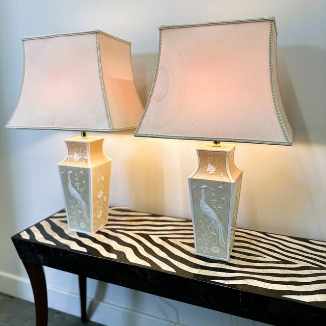 Large Cream Ceramic Table Lamps with Relief Peacocks and Fabric Shades, Set of 2 For Sale - Image 6 of 16