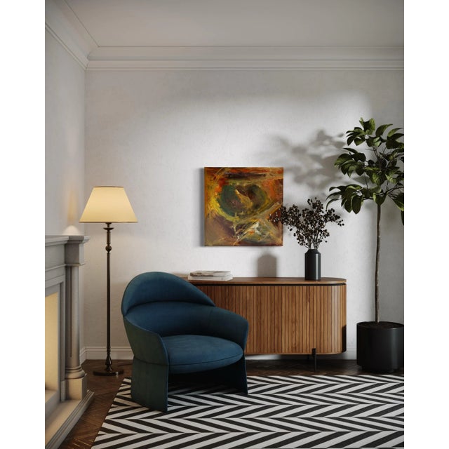 This captivating 30" x 30" abstract expressionist painting enthralls the viewer with its dynamic and energetic application...