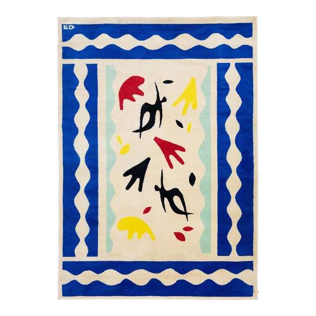 Vintage Arts & Crafts Ivory Wool Rug With Abstract Design For Sale