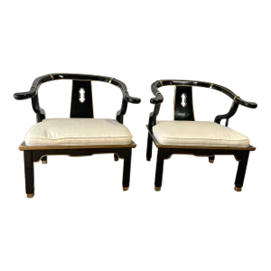 Pair of Vintage Chinoiserie Style Black Lacquer Low Back Lounge Chairs by Century Chairs Furniture Hickory Nc.
