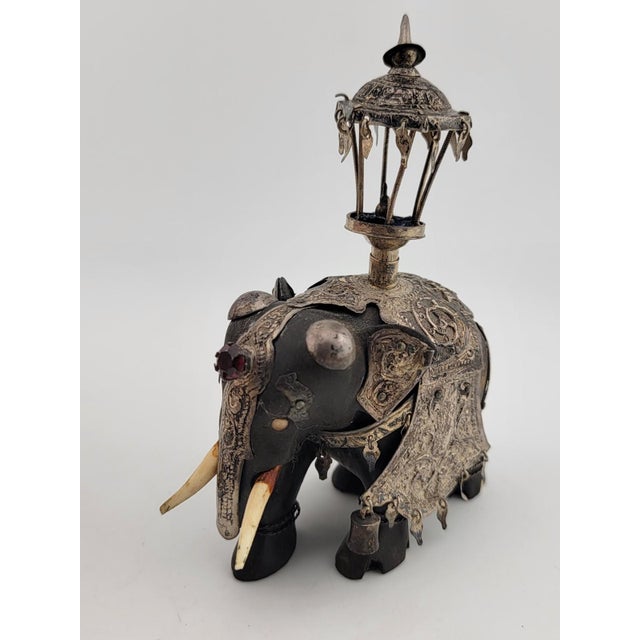 Rare Antique Indian Ebony Silver Overlay Jeweled Elephant W Real Ruby Stone. For Sale - Image 15 of 18