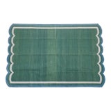 Handmade Cotton Scalloped Rug, Forest Green With Cream and Teal Blue Border - 8'x10' For Sale
