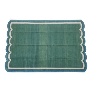 Handmade Cotton Scalloped Rug, Forest Green With Cream and Teal Blue Border - 8'x10' For Sale