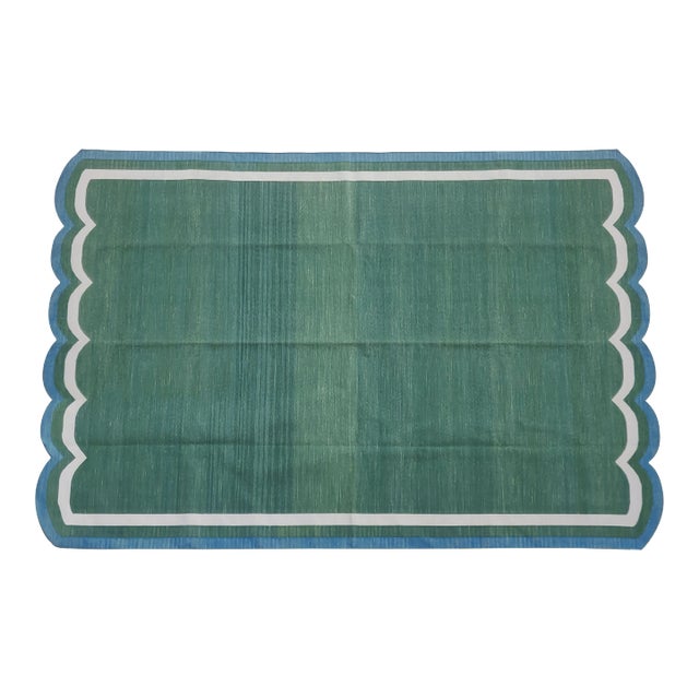 Handmade Cotton Scalloped Rug, Forest Green With Cream and Teal Blue Border - 8'x10' For Sale