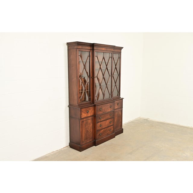 Baker Furniture Company Baker Furniture Georgian Flame Mahogany Bubble Glass Breakfront Bookcase Cabinet With Drop Front Secretary Desk, Circa 1940s For Sale - Image 4 of 14