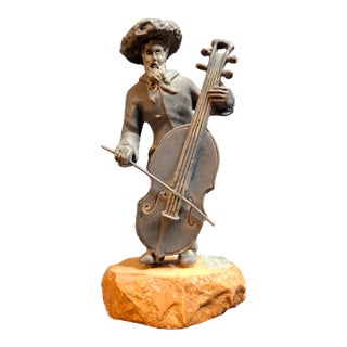 Vintage Fay Avishay 925 Sterling Silver Musician Sculpture Double Bass Cellist Israel For Sale