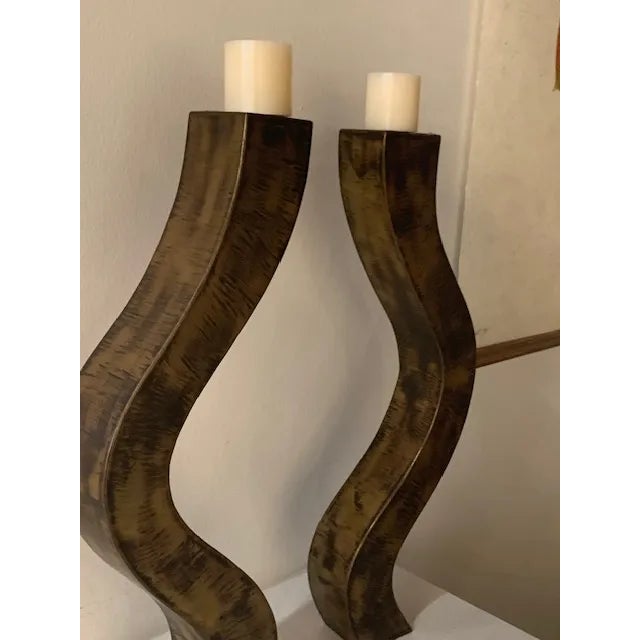 Contemporary Pair of Contemporary Running Water Metal Candlesticks For Sale - Image 3 of 6
