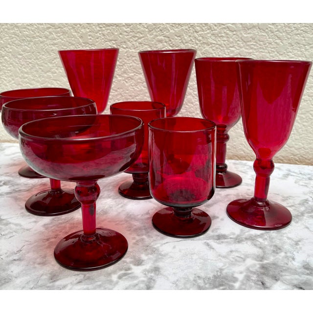 1970s Vintage Ruby Red Set of Assorted Stemware Cocktail Glasses-Set of Nine For Sale - Image 5 of 10