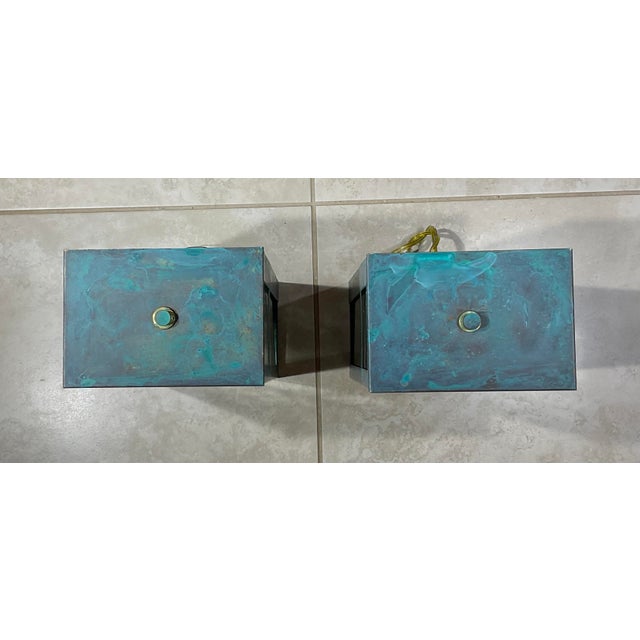 Metal Exquisite Vintage Verdigris Brass Wall Lanterns / Sconces – Pair For Sale - Image 7 of 17