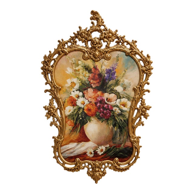 Ornate French Rococo Floral Wall Art – Vibrant Bouquet Painting With Elaborate Gold Leaf Frame For Sale