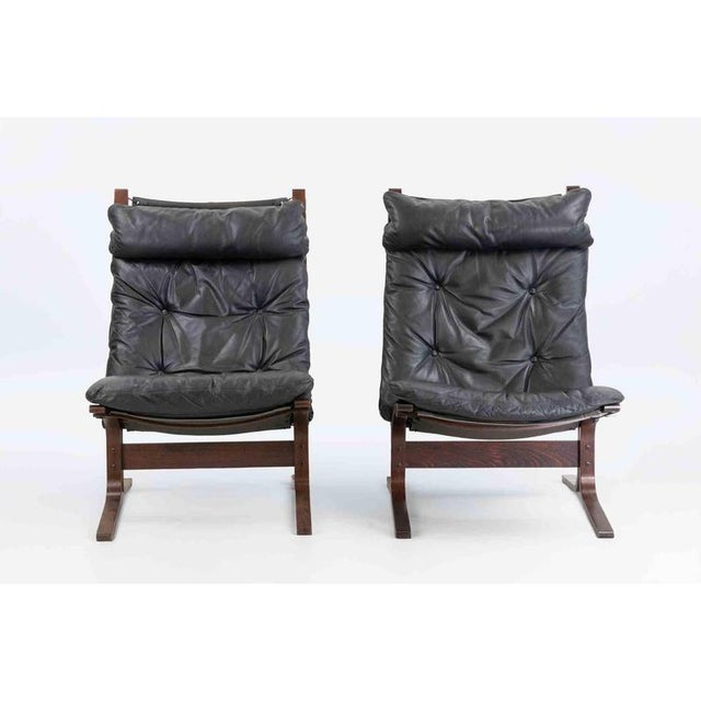 Vintage pair of "Siesta" Chairs". Laminated beech wood, stained and lacquered, black canvas on rear and black leather...