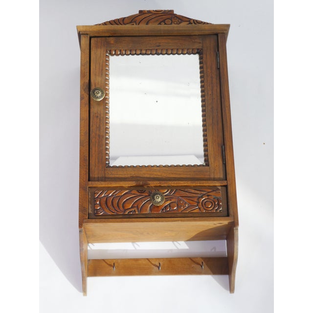 Small Wooden Apothecary Wall Cabinet with Mirror, Carved Floral Details and Drawer, 1940s For Sale - Image 6 of 11