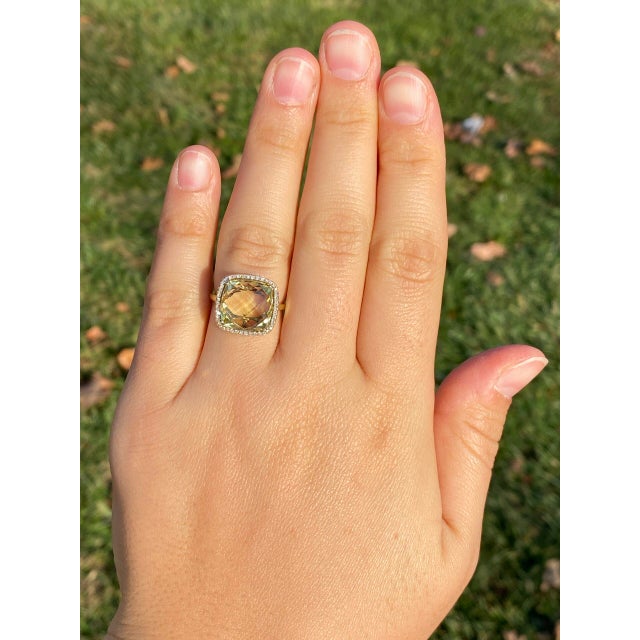 The 38th Avenue: Checkerboard Cut Lemon Citrine and Diamond Halo Ring in Yellow Gold For Sale - Image 10 of 11