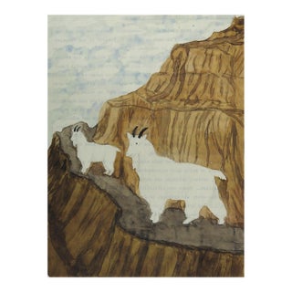 1940s Outsider Folk Art Rocky Mountain Goats Watercolor Painting For Sale
