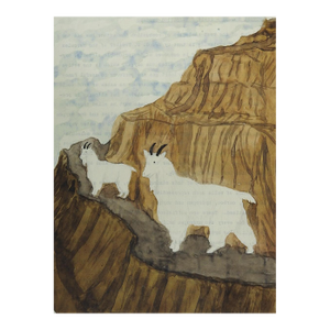 1940s Outsider Folk Art Rocky Mountain Goats Watercolor Painting