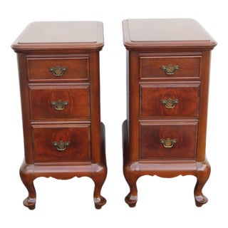 Tall Narrow Queen Anne Burl Walnut Nightstands End Bedside Tables a Pair 6659 For Sale