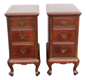 Tall Narrow Queen Anne Burl Walnut Nightstands End Bedside Tables a Pair 6659