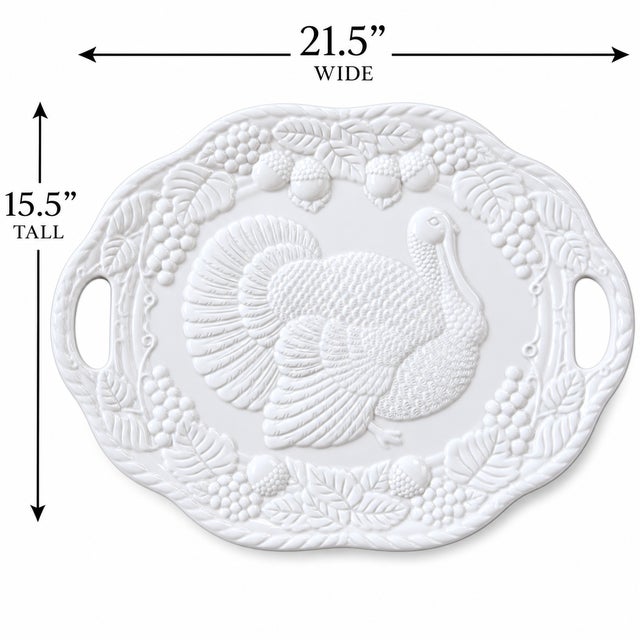 1940s Mid-20th Century White Ceramic Embossed Turkey Platter With Handles For Sale - Image 5 of 6