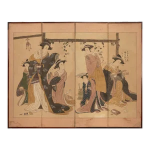 C. 1940s Shōwa Era Japanese Ukiyo-E Style Byobu Screen