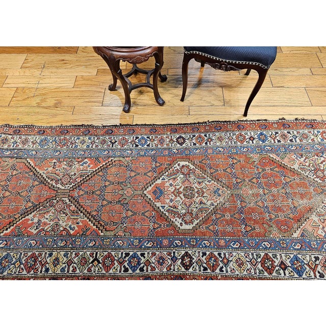 Antique Malayer Runner Rug, Hand-Knotted Wool, Geometric Pattern, 3x16, Terracotta & Ivory For Sale - Image 15 of 18