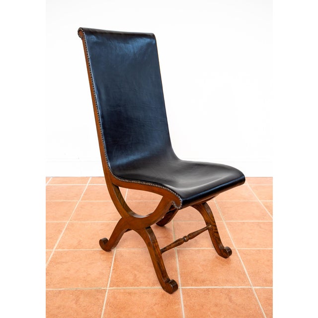 Mid-Century Neo-Classical Spanish Oak and Black Leather Dining Chairs by Pierre Lottier for Valmazan, 1960s, Set of 2 For Sale - Image 12 of 18