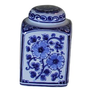 1960’s Vintage Delft Tea Caddy and Lid, With Blue Floral Decoration