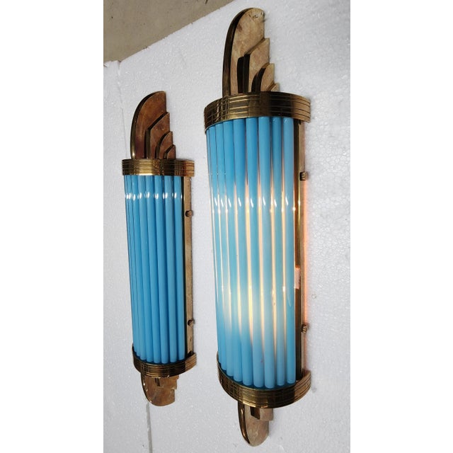 Pair Skyscraper Vintage Art deco light Old Lamp Wall Sconces Fixture Brass & Blue Glass Rod Ship Light Excellent Working...