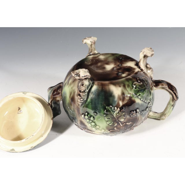 Green Mid 18th Century Whieldon-Type Creamware Tortoiseshell Teapot With Grape Vine Relief and Crabstock Handle, Staffordshire For Sale - Image 8 of 14