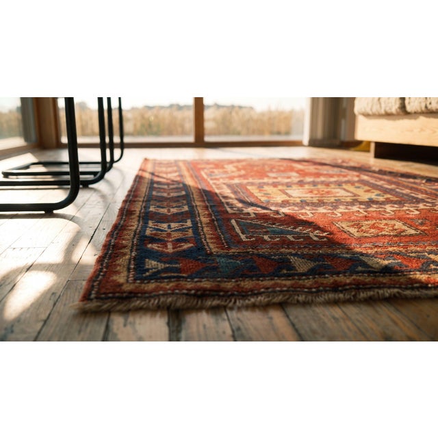 Red 1870s Red Geometric Tribal Antique Caucasian Kazak Prayer Rug 3' X 4'9" Handknotted Wool Carpet For Sale - Image 8 of 10