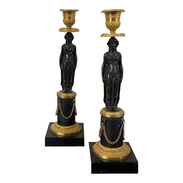 Antique Early 19th Century French Empire Gilt & Patinated Bronze Caryatid Candlestick Holders Circa 1810 - A Pai For Sale