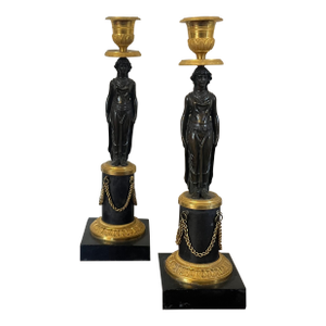 Antique Early 19th Century French Empire Gilt & Patinated Bronze Caryatid Candlestick Holders Circa 1810 - A Pai