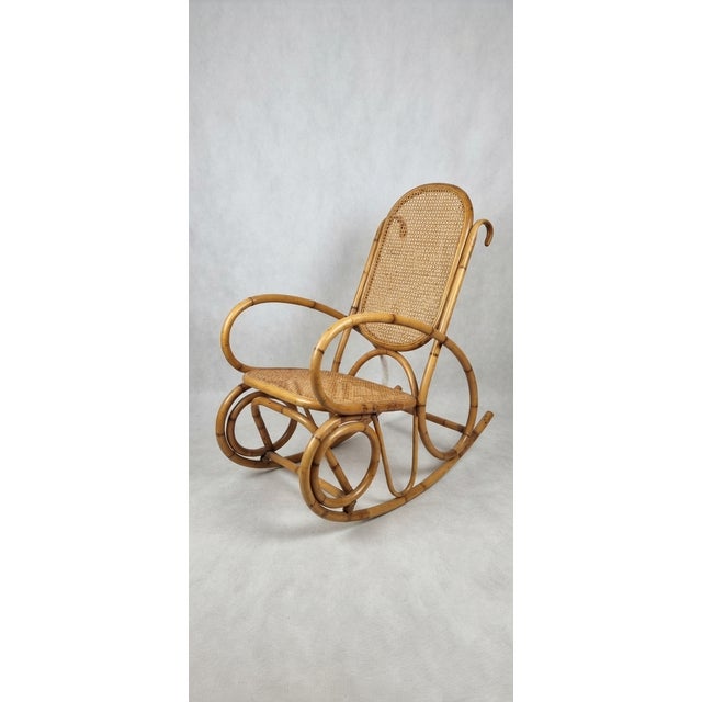 Vintage French Riviera Rattan and Cane Rocking Chair, 1950s For Sale - Image 3 of 4