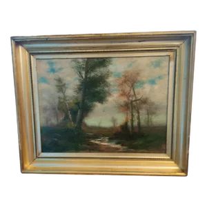 H.Landis 1908 Landscape Painting With Gold Gilt Frame "Lone Eagle in Flight"