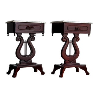 Pair of Vintage Marble-Top Lyre Pedestal Tables For Sale