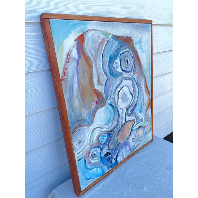 Abstract flowing forms in orange, blue, pinks, purples and gray pastels. A painting by Teresa Lawrenson 'Teresa Let'....