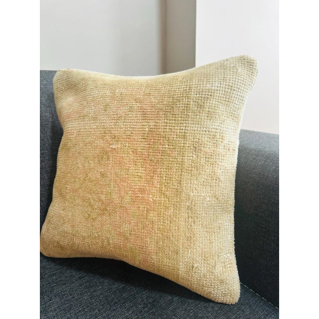 Turkish Vintage Turkish Rug Pillow Cover, Handwoven Wool Isparta Faded Abstract Cushion, Soft Ivory Peach Boho Pillow, 16x16 In For Sale - Image 3 of 12