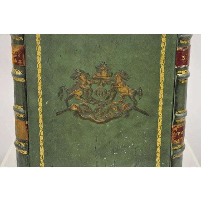 Vintage Italian Regency Green Leather Triangular Book Form Wastebasket Trash Can For Sale - Image 11 of 12