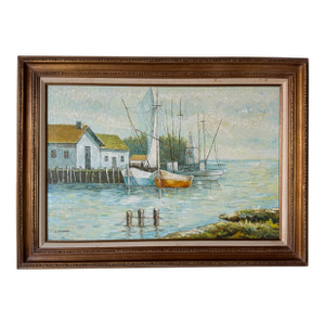 1970s Vintage Coastal Countryside Harbor Scene Oil Painting by K. Walforo