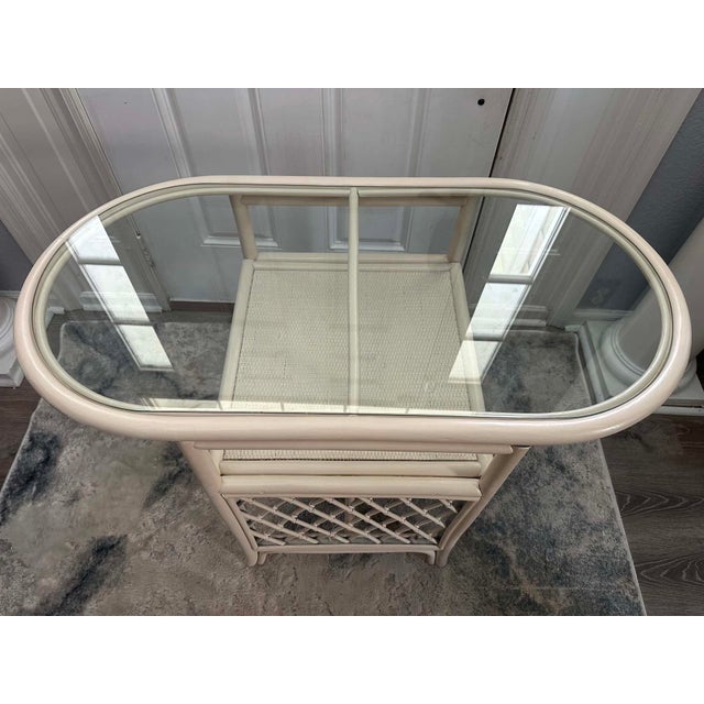 Vintage Coastal Rattan Bistro Set With Glass Table & Two Barrel Chairs For Sale - Image 4 of 18