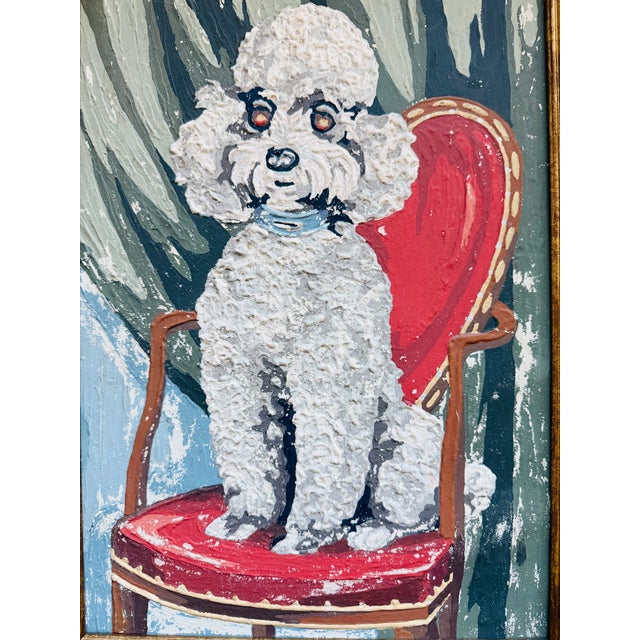 Seated White Poodle on Red Chair Gouache Framed Oil on Paper For Sale - Image 4 of 8