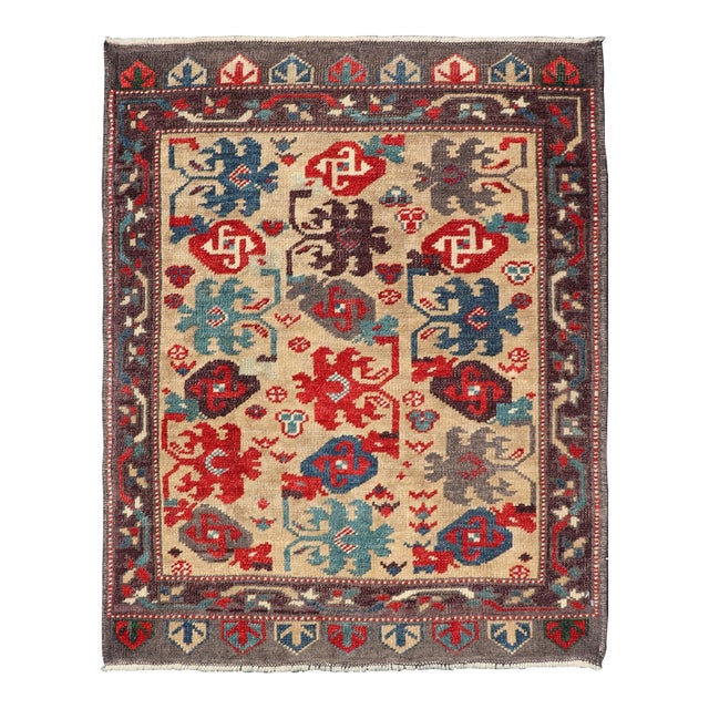 Vintage Turkish Oushak Rug With Bold Red, Blue, and Gray Tribal Motifs For Sale