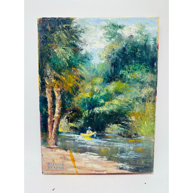 This is a lively impressionistic landscape painting on canvas. It depicts a tropical riverside scene with dense green...