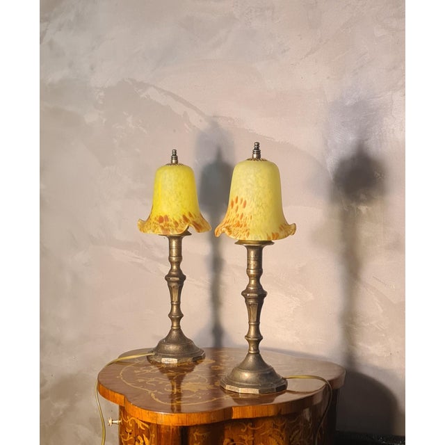 Art Deco Brass Bedside Lamps with Yellow Glass Paste Shades, 1930s, Set of 2 For Sale - Image 3 of 10