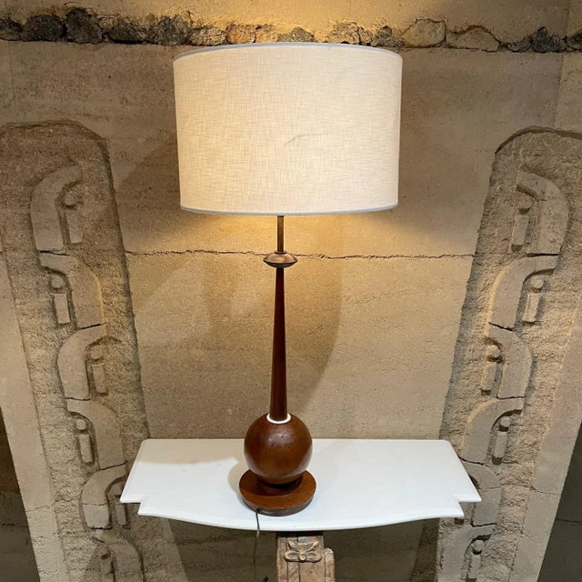 AMBIANIC presents Modernism Mexican Mahogany Sculptural Wood Sphere Table Lamp precise clean lines 1960s by Angelita....