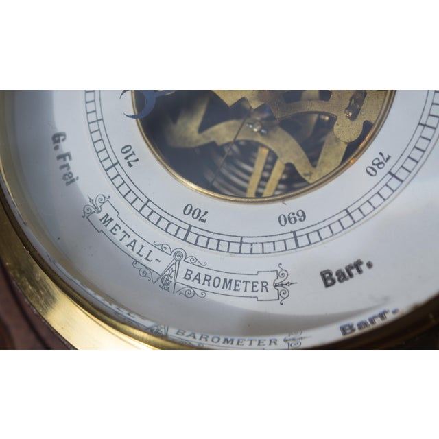 Art Deco 1893 Antique German Aneroid Barometer Thermometer by (g.l.). Hand-Carved Case and Glass Thermometer With Beveled Edges For Sale - Image 3 of 11