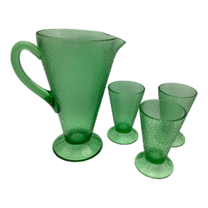 Vintage Depression Crackle Green Glass Pitcher Tumbler Set- 4 Pieces