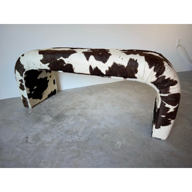 1990s Vintage Cowhide Upholstered Waterfall Bench For Sale - Image 5 of 11