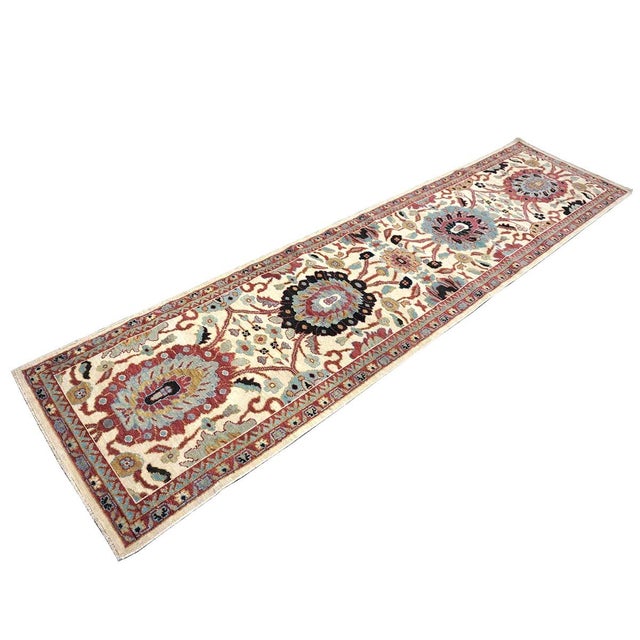 Early 21st Century 21st Century Afghan Wool Sultanabad 3x12 Ivory, Red, & Blue Handmade Runner Rug #1143661 For Sale - Image 5 of 13